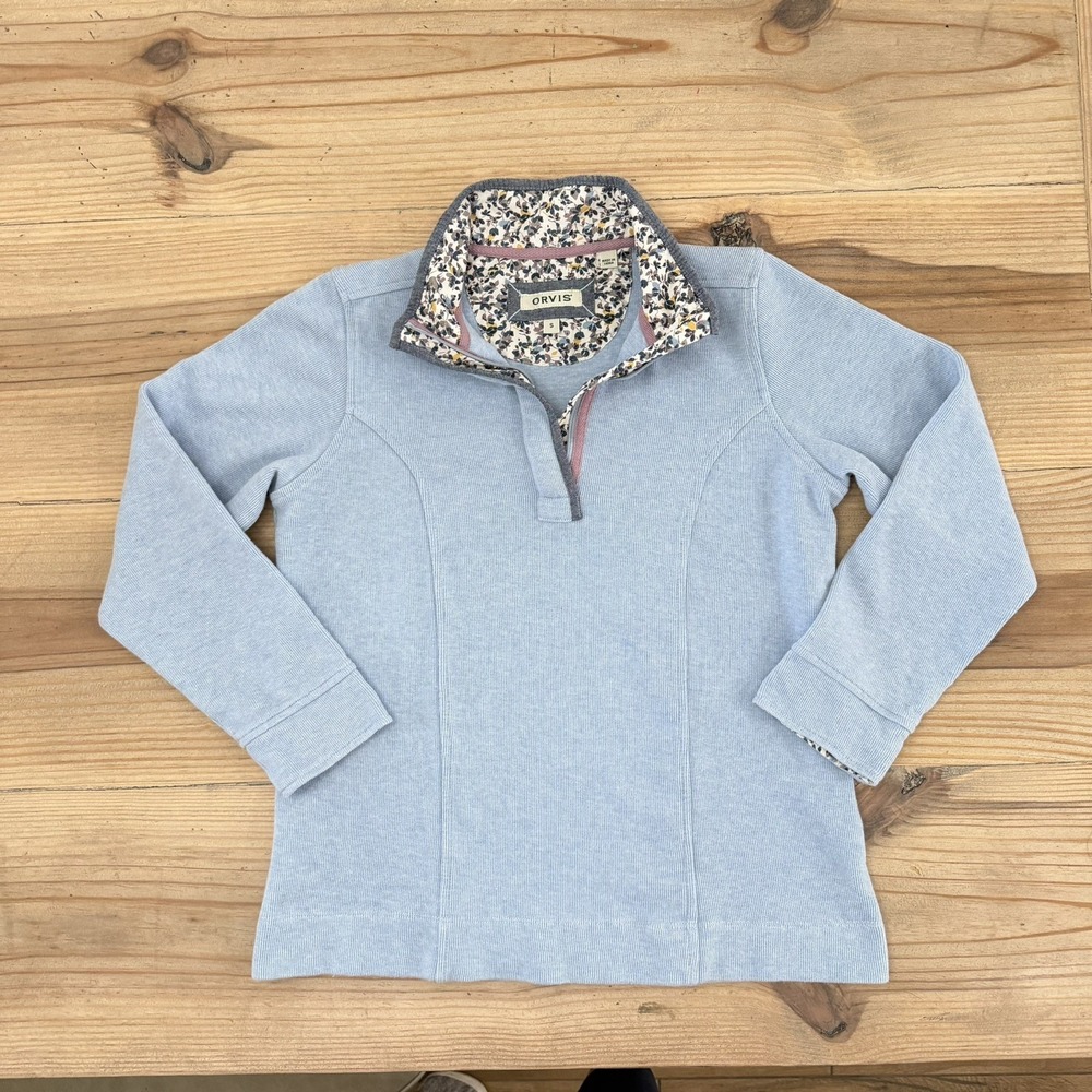 Orvis Womens Size Small 1/4 Zip Floral Flip Cuffs Pullover Ribbed Sweater Blue